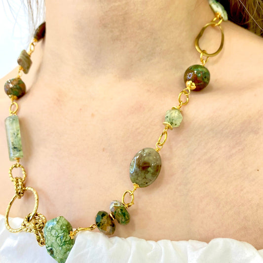 Colar SKRZ - Zanzibar - Prehnite, Opala Verde, Jasper, Ágata (Tree e Musgo)